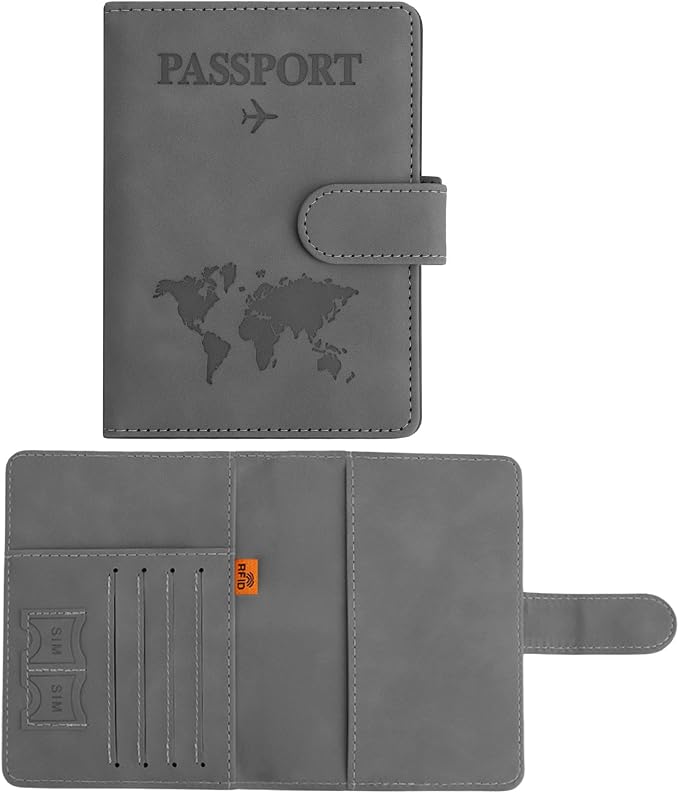 Passport Holder for Travel Essentials, Grey Leather Passport Cover, Passport Wallet Holders for Women Men Family Travel Gifts Must Have Accessories, Credit Card Cash Air Ticket Storage Supplies