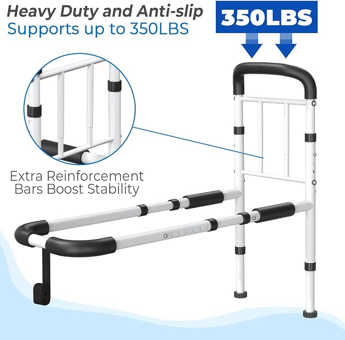 Bed Rails for Elderly Adults Safety - ASTM Approved Adjustable Bed Cane Supports 350LBS with Non-Slip Grip & Storage Pocket, Stable Bed Assist Rails for Seniors, Tool-Free