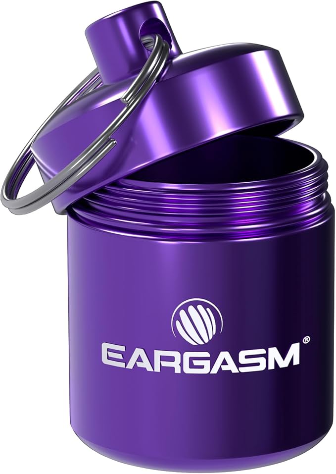 Eargasm Keychain Earplug Travel Carrying Case - Convenient Metal Waterproof Keychain Container Perfect for Traveling with Ear-Plugs, Pills, Medicine, Small Items On-The-Go - Purple, 1.06 in x 1.6 in