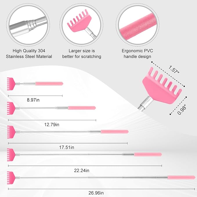 XKOS 4 Pack Different Back Scratcher Portable Telescoping with Rubber Handles, Extendable Metal Back Massager Tool with Beautiful Box, Stocking Stuffers for Men Women Adults (Pink)