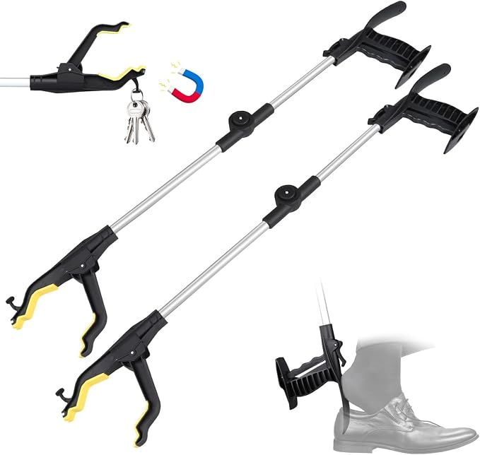 32" Grabber Reacher Tool, 2-Pack Foldable Reacher Grabber Pickup Tool with Shoe Horn Design, Trash Picker Upper Grabber with 360° Rotating Jaw & Magnet, Bend-Free Grabbers for Seniors
