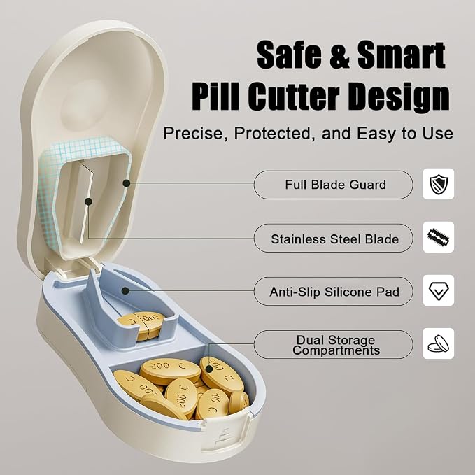 Pill Cutter Splitter for Small and Tiny Pills - Tablet Cutter with Centering Device, V-Slot, Storage and Cleaning Brush - Medicine Slicer for Accurate Cuts (White)