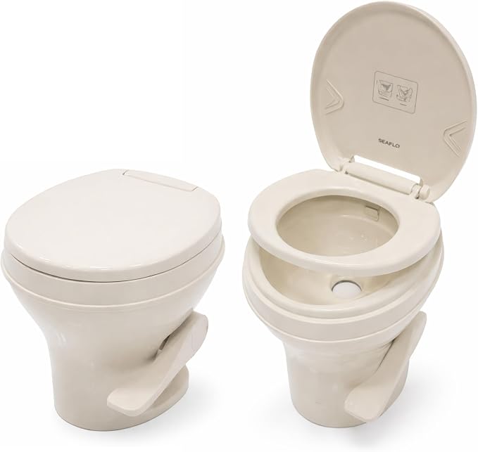 SEAFLO Bone RV Toilet, Residential Height 18.4", Gravity Flush Foot Pedal, Soft Close Seat, Camper Toilet for RV Motorhome Travel Trailer, Parchment, SFRTPH-02-01, 4-Year Warranty