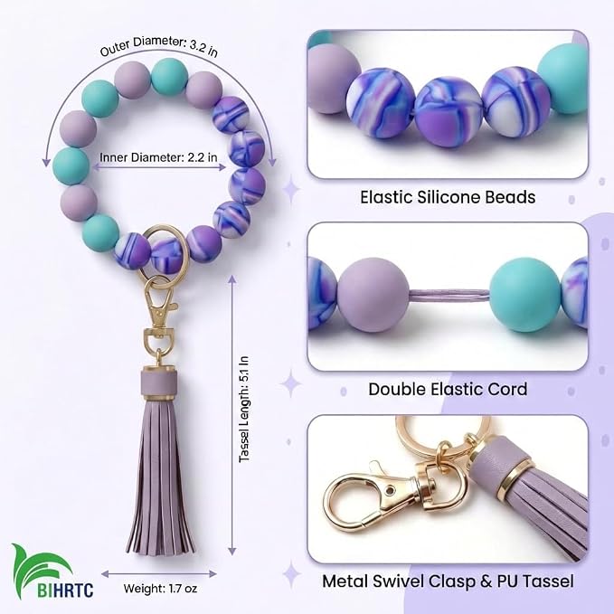 BIHRTC Key Ring Bracelet Car Keychain Holder Wristlet Silicone Women Beaded Bangle Chains