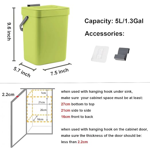 LALASTAR Small Plastic Trash Can, Hanging Small Trash Can with Lid Under Sink for Kitchen, Food Waste Bin for Countertop, Mountable Garbage Can for Bathroom, RV, 5L/1.3 Gal, Green