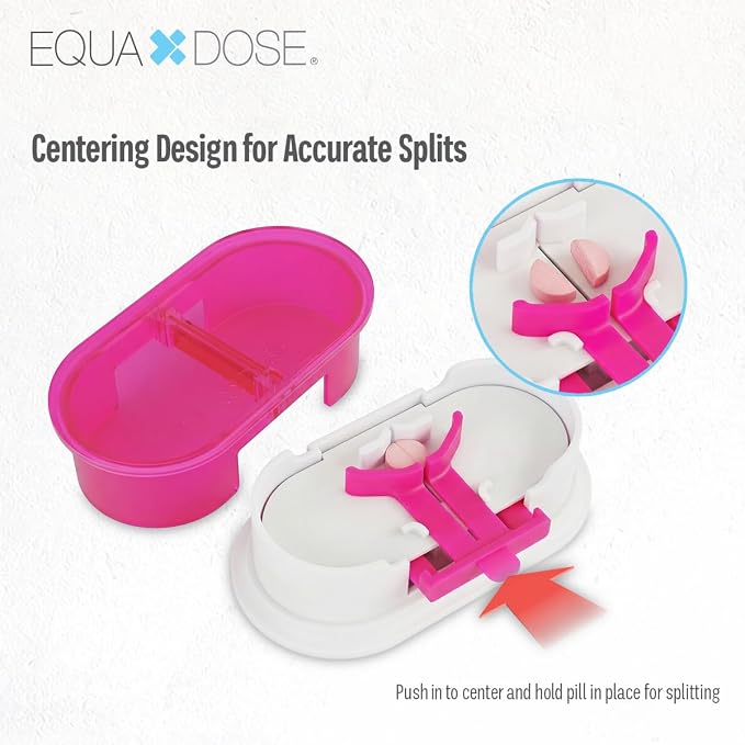 EQUADOSE Precision Pill Splitter with Centering Guide, Dual Stainless-Steel Blades for Small & Large Tablets, Accurate Halves & Quarters for Medication, Vitamins and Pet Pills, Pink