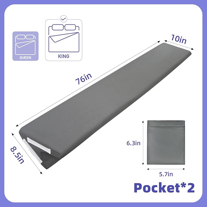 Vekkia King Bed Wedge Pillow for Headboard Gap, Mattress Gap Filler Pillow to Cover 0-6" Gap, Bed Wedge Gap Filler with High-Density Foam, Removable Washable Cover, Gray, 76"x10"x8.5"