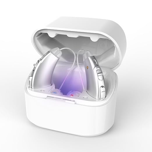 Hearing Aids, Rechargeable Hearing Aids for Seniors with UV Sterilization Case, 32-Channel Noise Cancelling, 100H Battery, 7 Volume Levels, Virtually Invisible RIC, One-Button Control Clear Sound, Comfort