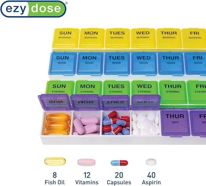 Ezy Dose Weekly 7-Day, 4x/Day Pill Organizer, Rounded Base, Large | Multi-Color Daily Pill Case, Medicine Planner, Vitamin Organizer, Supplement and Fish Oil Container, BPA Free