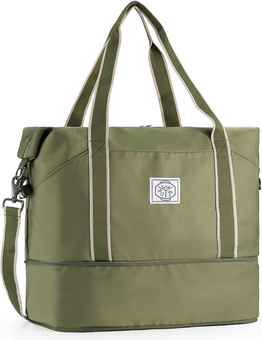 WALNEW Travel Duffel Bag, Weekender Overnight Carry On Bag for Women Men, Foldable Waterproof Gym Luggage Duffle Bag with Metal Buckle Detachable Shoulder Strap and Wet Compartment (Army Green)