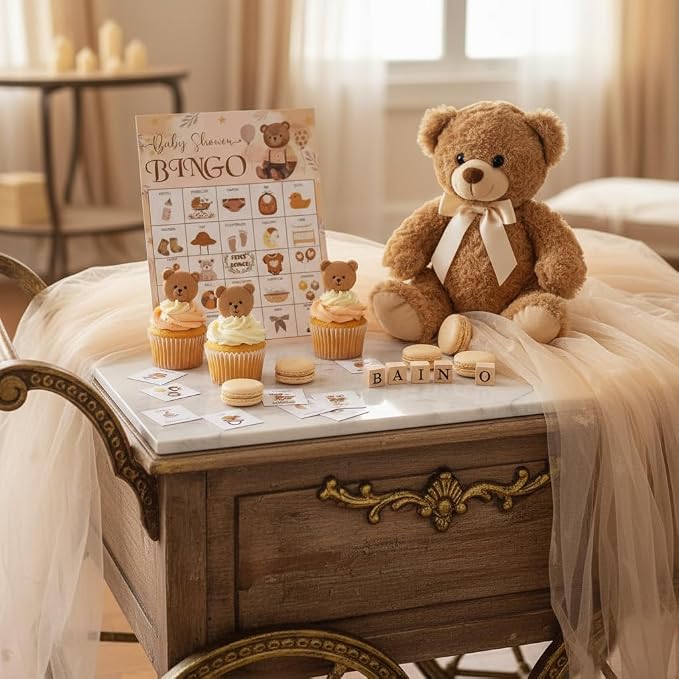 Baby Shower Bingo Game Cards Set for Guests Adults, Brown Bear Woodland Baby Shower Party Bingo Game Gender Reveal Bingo Game for Family Friends Large Group Activity, Favors Supplies Decorations