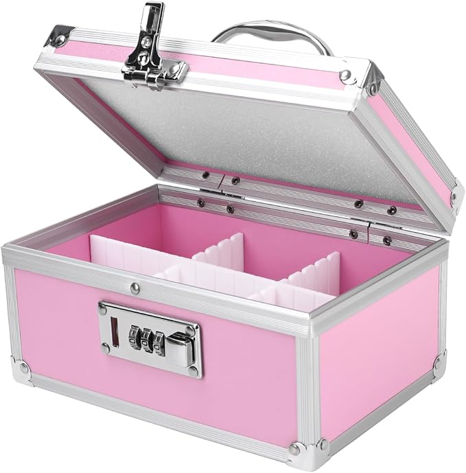 Medication Lock Box Aluminium Alloy Combination Lock for Home and Travel Medicine Lock Box,First Aid Safe Medication Storage Box,7.66''x 5.12''x 4.13'' (Pink)