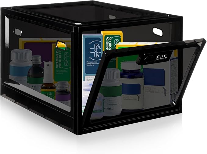 Medication Lock Box with Code, 12.6L Large Lockable Storage Box for Medicine, Snacks, Phone, and Electronics - BPA-Free, Clear Design with Charger Holes for Home, Office, Dorm, and Fridge