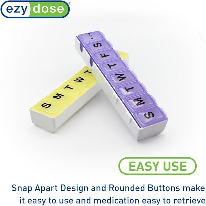 EZY DOSE Weekly (14-Day) Daily Pill Case, Medicine Planner, Vitamin Organizer, Supplement Container, 2 Detachable Weeks + Extra, Large Snap Compartments, Easy Open, Color May Vary, BPA Free