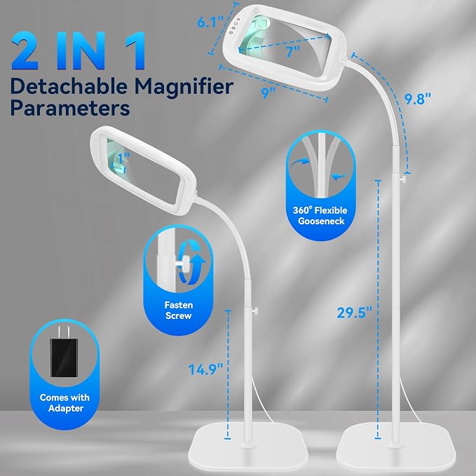 30X 10X Extra Large Floor Magnifying Glass with Light and Stand | 60 LED Flexible Gooseneck Floor Magnifying Lamp with 5 Color Modes, 2-in-1 Lighted Magnifiers for Close Work, Sewing,Crafts