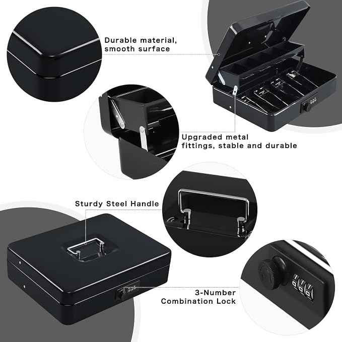 xydled Cash Box with Money Tray and Combination Lock,Tiered, Cantilever Design,4 Bill / 5 Coin Slots,11.8" x 9.5" x 3.5",Black