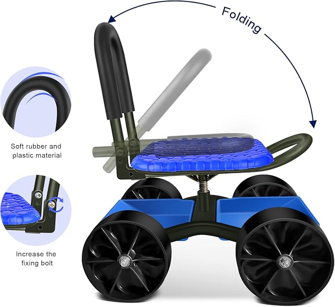 i COVER Garden Cart Rolling Stool Four Wheels with Tool Bag and Two Patio Gloves, Stable Workseat Sturdy Carts Adjustable Seat Height and Direction, Gardening Helper