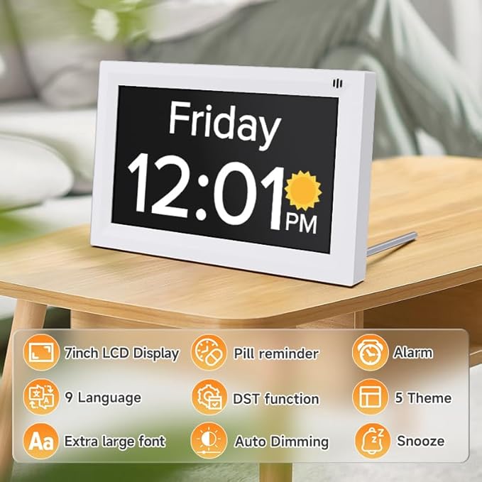 Digital Calendar Alarm Clock - Dementia Clocks for Seniors, Non-Abbreviated Memory Loss Clock with Date and Time for Elderly