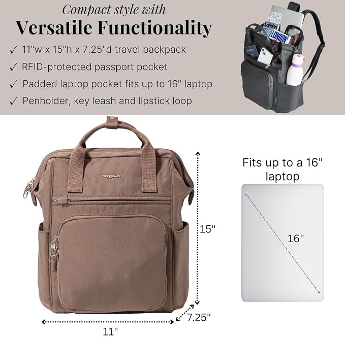 Baggallini Securtex Anti-Theft Windsor Backpack for Travel, Work & College, RFID & Locking Zipper, Up to 16" Laptop
