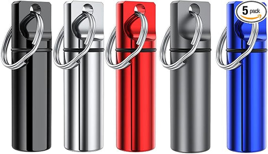 Small Portable Pill Box Keychain (5 Pack), Aluminium Alloy Mini Pill Organizer Case Container for Purse,Waterproof Metal Pill Holder Medicine Bottle for Outdoor Camping Travel