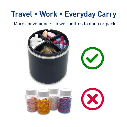 EZY DOSE Mini Pill Organizer, 4-Compartment Vitamin & Medication Case with Screw-Top Secure Seal + Sliding Dispenser, Compact Bottle-Replacement for Purse, Work, Cruise & Travel, Large, Black/Cream
