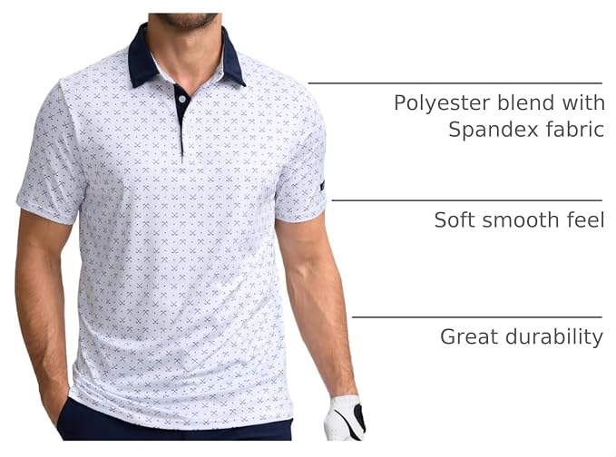 Obla Mens Golf Polo Shirts Short Sleeve Dry Fit Performance Moisture Wicking Casual Print Collared Golf Shirts for Men