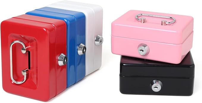 Jssmst Small Cash Box with Lock and Slot, Metal Coin Piggy Bank for Adults and Kids, Pink Locking Money Box