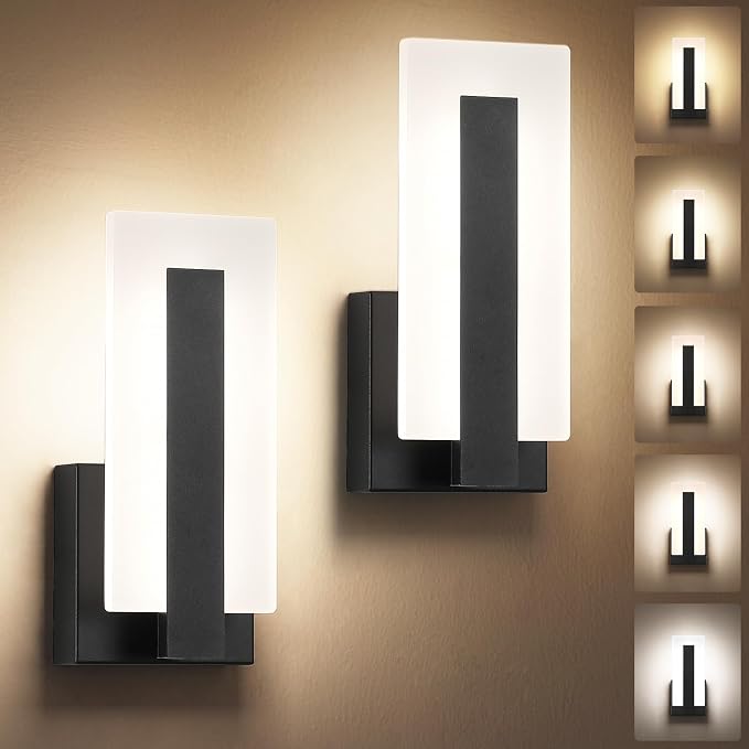 Joosenhouse Modern Black Wall Sconces Set of 2, ETL Certified, 5 CCT Selectable and 10%-100% Dimmable Indoor Hardwired Wall Lighting for Bedroom, Bathroom, Hallway, Living Room