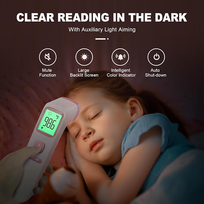 No-Touch Thermometer for Adults, Kids, Babies, 1-Sec Fast Accurate (Pink) | Fever Alarm, Large LCD with 3-Color Backlight, Silent Mode, 35-Reading Memory, Forehead & Object Mode, for Home & Clinic