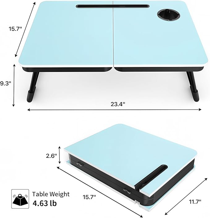 BUYIFY 23.4" Foldable Lap Desk Bed Table with Cup Holder Tray Blue | Portable Folds Flat for Easy Storage, No Assembly Laptop Bed Desk, Sturdy and Lightweight, Patent Design