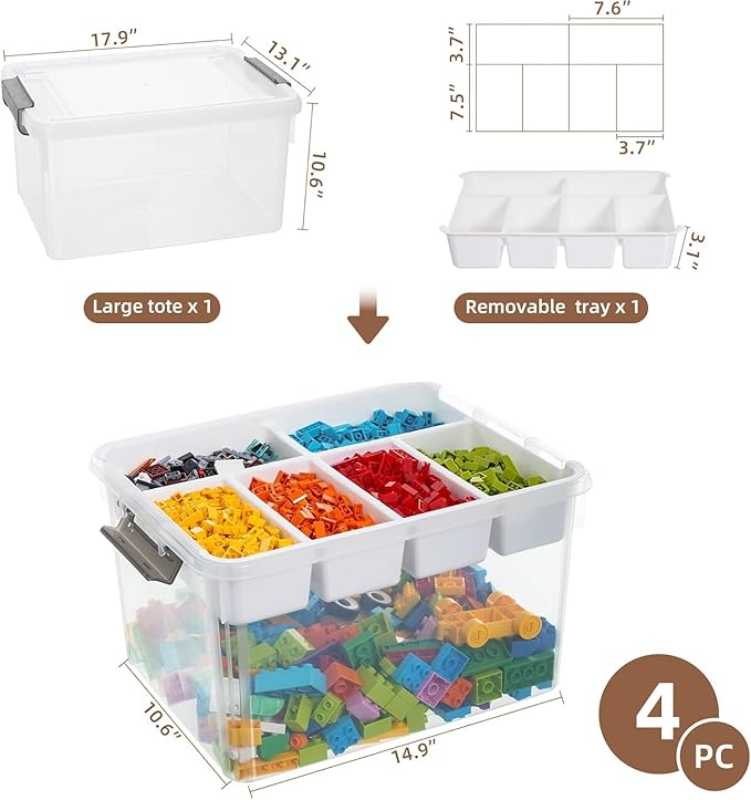 Citylife 32QT 4Packs Clear Craft Organizers and Storage Box with Tray | Stackable Art Supply Organizer Storage Bins with Lids for Beads, Markers, Sewing, Tools, Clothes, Files, Office Supplies