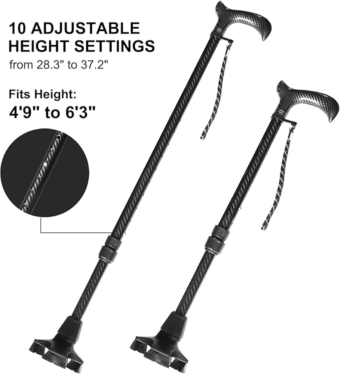 Adjustable Walking Cane for Men & Women - Lightweight Carbon Fiber Cane, Premium Walking Stick for Seniors with Quad & Single Rubber Tips, Ergonomic Handle & Wrist Strap