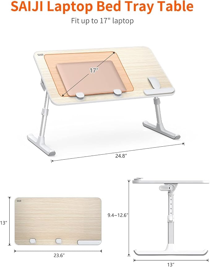 Laptop Desk for Bed, SAIJI Lap Desks Bed Trays for Eating Writing | 5 Heights, 4 Angles, Stable Folding Table for Bed Sofa Desk, Suitable for Laptops up to 17 Inches (60 x 33 cm Black)