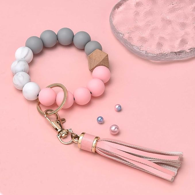 BAOSIWA Silicone Beaded Bracelet Keychain Wristlet Key Ring Bangle Chains for Women with Leather Tassel