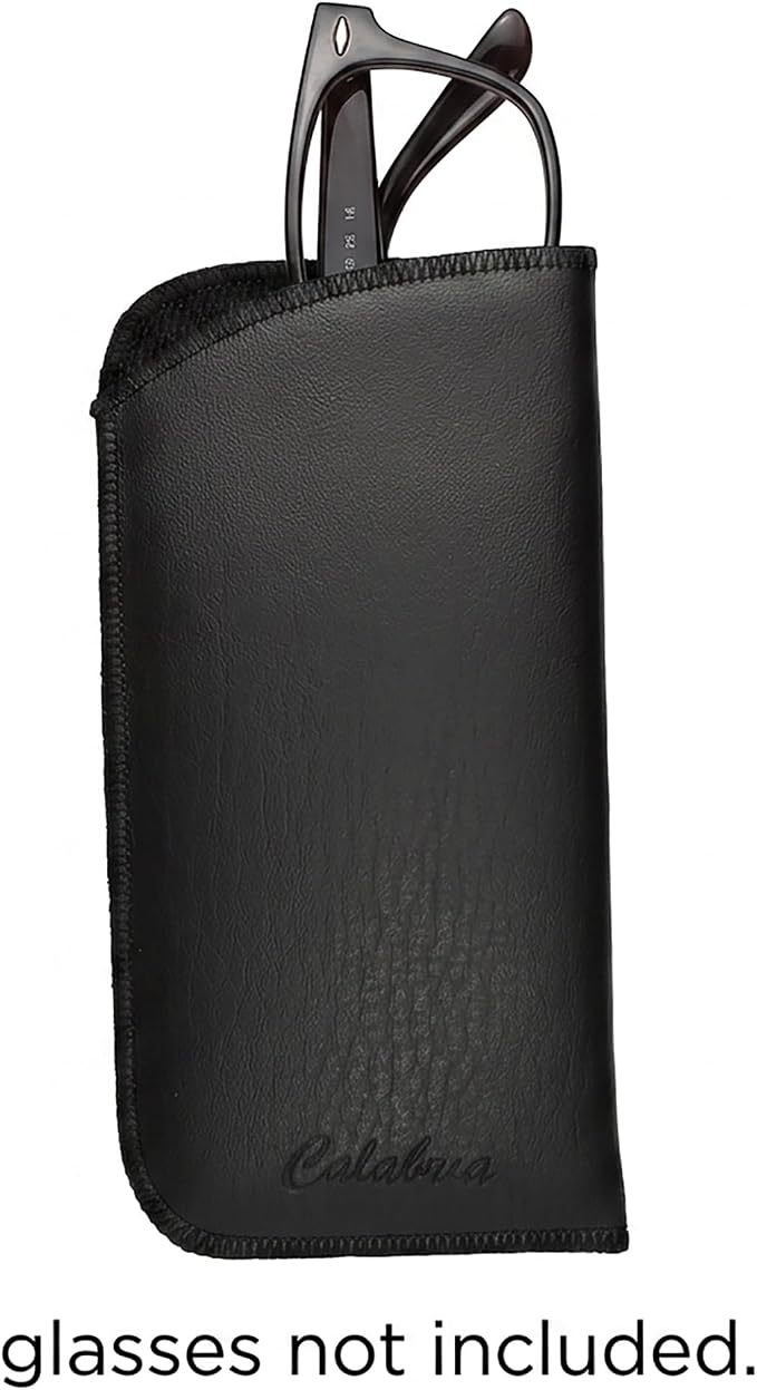 Calabria Slim Faux Leather Eyeglass Case Soft Slip-In Design [Black without Clip - 1 Pack] | Compact Protective Pouch | Soft Case for Glasses | Lightweight Sunglass Storage