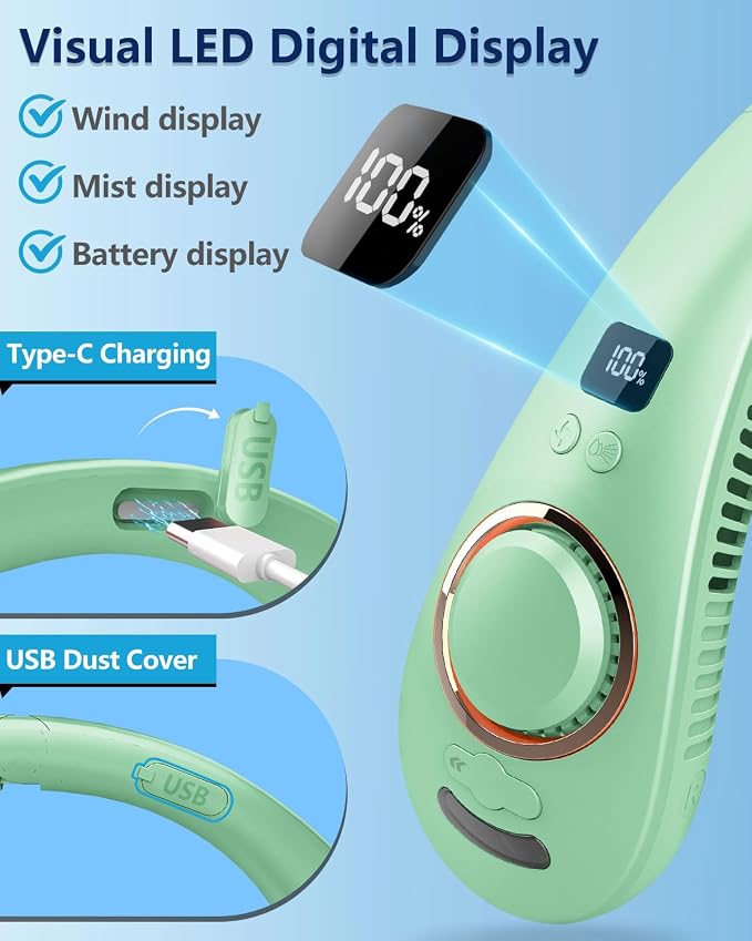 Neck Fan that Blows Cold Air with Water Mist, Portable USB Rechargeable Neck Cooler, Collapsible Ventilador de Agua de Aire Frio, Bladless Wearable Hand-Free AC Unit for Outdoor Travel Sports, Green