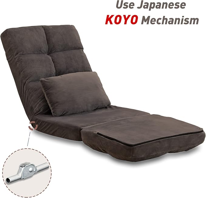 Indoor Chaise Lounge Sofa, Floor Chair with Back Support for Adults, 14 Angle Adjustment Recliner Chair, Folding Floor Lounger with Pillow 8823(Brown)