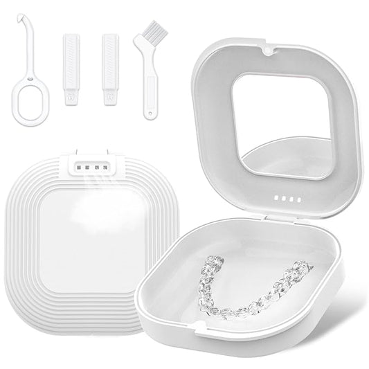 Retainer Case with Mirror and Vent Holes, Cute Retainer Holder Case Compatible with Invisalign, Aligner and Night Guard Case, Slim Retainer Case with Retainer Removal Tool, Chewies & Brush (White)