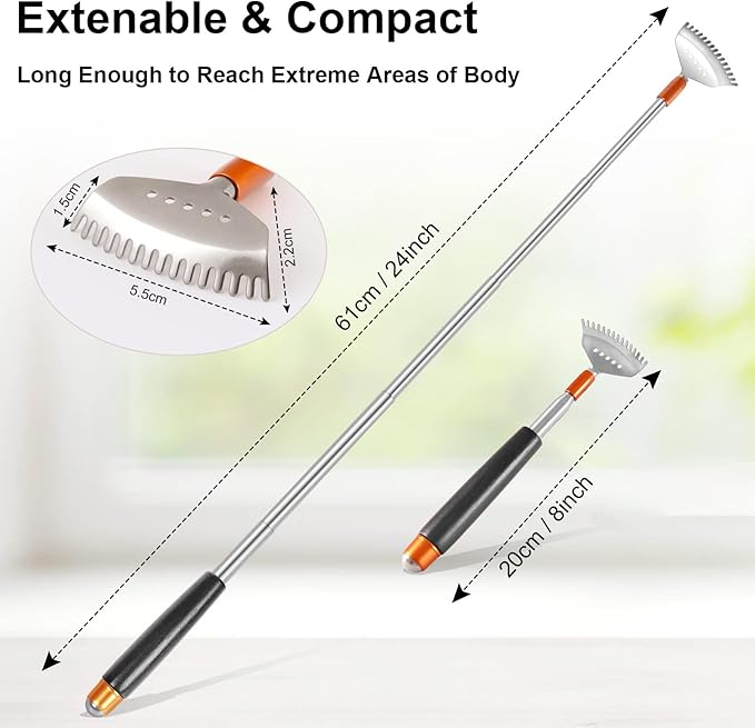 Back Scratcher, Portable Body Scratcher Extendable Heavy-Duty Wooden Handle/Steel Roller Ball/Curved Claw, Face Head Scalp Scratcher Massager Tool