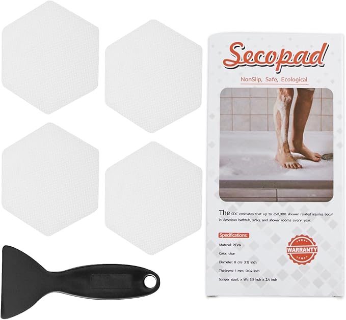 Bathtub Stickers Non-Slip, 12 PCS White Hexagon Safety Shower Treads Adhesive Appliques with Premium Scraper