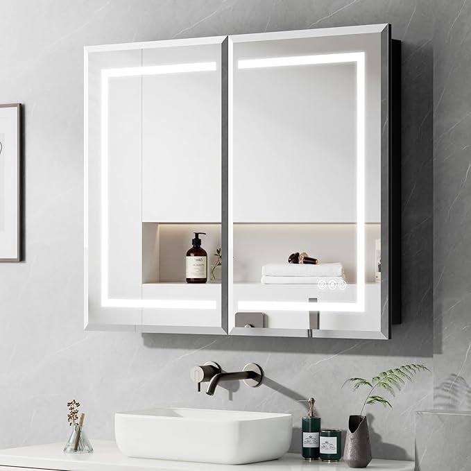 36"X30" Bathroom Medicine Cabinet with Mirror, LED Lighted Medicine Cabinet with Anti-Fog, 3 Colors Temperature Stepless Dimmable, Metal Cabinet for Storage and Mordern Decor, Black