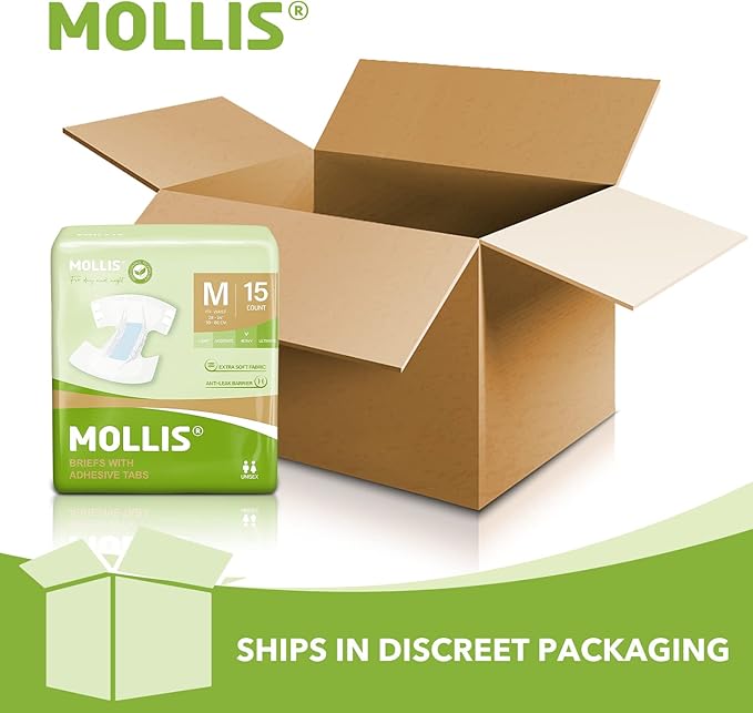 MOLLIS Adult Diapers for Women and Men, Unisex Disposable Incontinence Briefs with Tabs, Odor Control, Medium, 15 Count