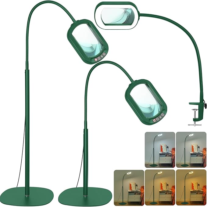 Drdefi 10X Rectangular Real Glass Magnifying Glass with Light and Stand, 24" Flexible Gooseneck Floor Lamp, 5 Color Modes Stepless Dimmable, 3-in-1 Lighted Magnifier Light Hands Free for Reading Green