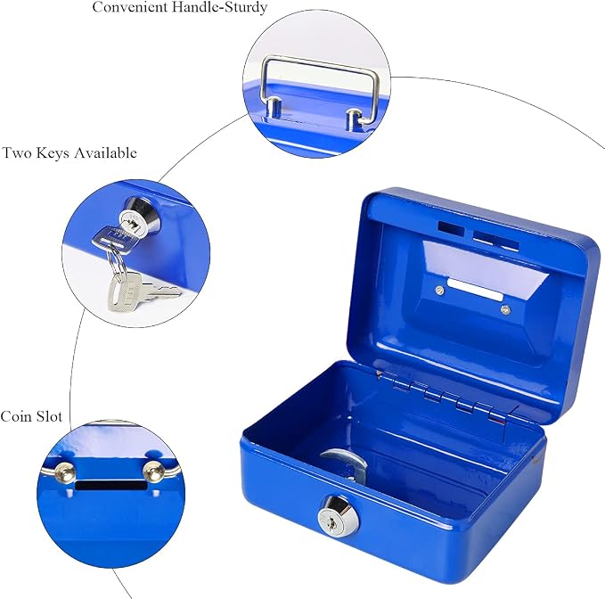 Jssmst Small Cash Box with Lock and Slot, Metal Coin Piggy Bank for Adults and Kids, Blue Locking Money Box