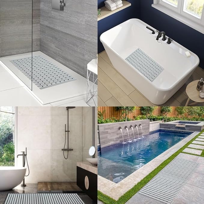Bath Mat Non Slip Shower Mat Bathtub with Drain Holes and Heavy Duty Rubber No Suction Cups Sturdy Shower Stall Tub Mat for Bathroom, Shower Floor, Pool, SPA, (Grey, 2FT X 4FT)
