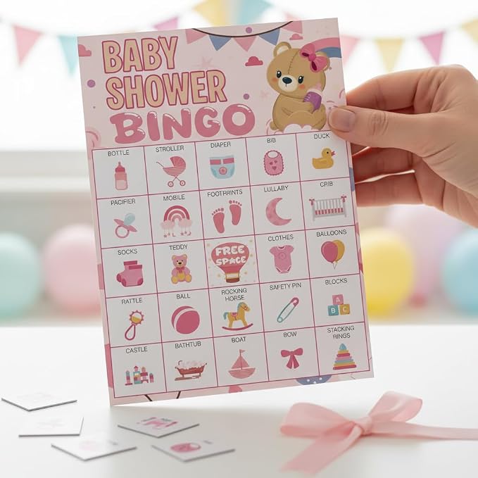 Baby Shower Bingo Game Cards Set for Guests Adults, Pink Bear Baby Shower Party Bingo Game Gender Reveal Bingo Game for Family Friends Large Group Activity, Favors Supplies Decorations