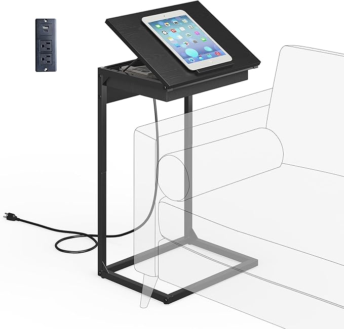 sthmec C Shaped End Table with Charging Station, 45° Tiltable Adjustable Flip Top Side Table with Storage,Small C Table for Small Spaces,Slide Under Couch Sofa Bedside Table for Living Room, Black