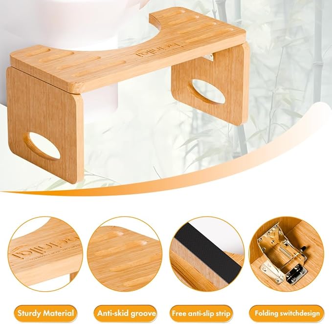 Foldable Toilet Stool,7 Inches Bamboo Poop Stool for Bathroom | Toilet Stool Squat Adult, Potty Stool with Anti-Slip Strip