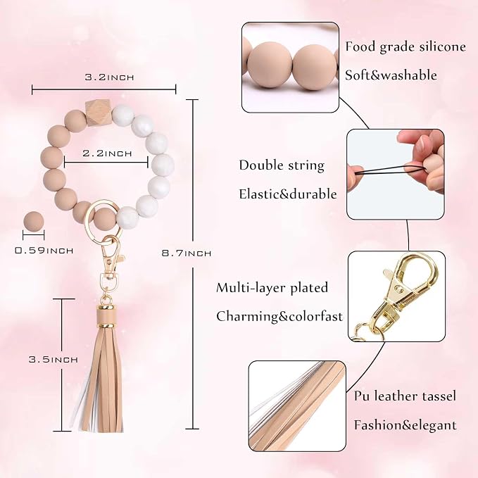 BAOSIWA Silicone Beaded Bracelet Keychain Wristlet Key Ring Bangle Chains for Women with Leather Tassel