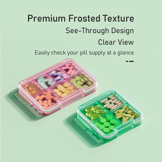 Slim Compact Pill Organizer, Pocket 4-Compartment Travel Case (Pink) | Slim compact pill case fits pocket or purse. 4 adjustable compartments for pills. Ideal daily travel. Lightweight. Pink.